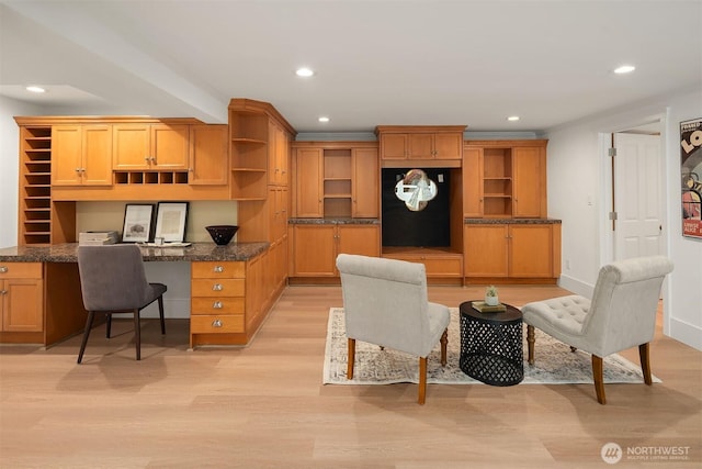 3204 Evergreen Point Rd, Medina, WA 98039 - office area featuring built in study area, light wood-type flooring, recessed lighting, and baseboards