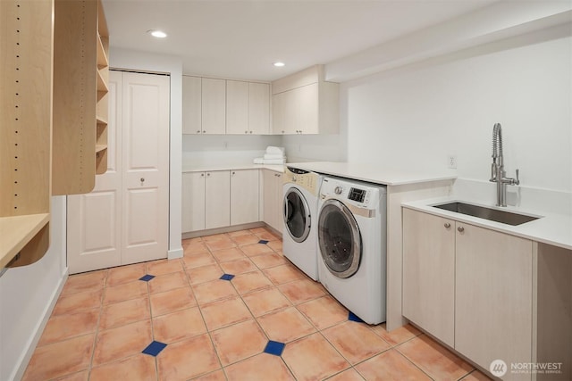 3204 Evergreen Point Rd, Medina, WA 98039 - laundry area with washing machine and dryer, cabinet space, recessed lighting, and light tile patterned flooring