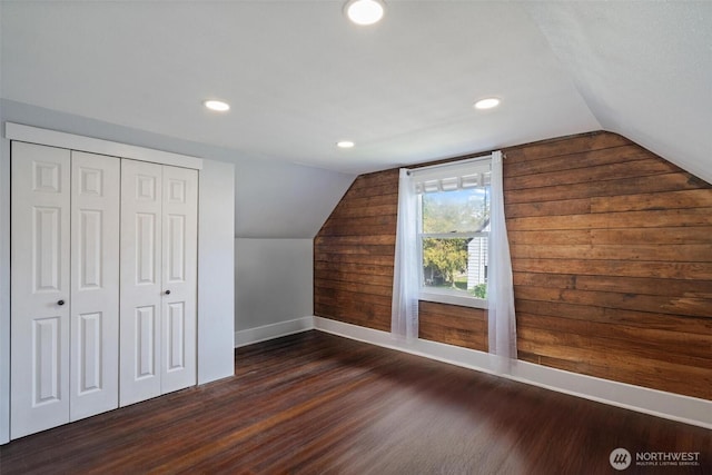 166 SW Lewis St, Chehalis, WA 98532 - additional living space with baseboards, dark wood finished floors, lofted ceiling, wood walls, and recessed lighting