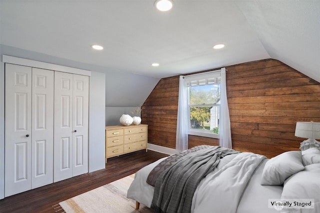 166 SW Lewis St, Chehalis, WA 98532 - bedroom with vaulted ceiling, dark wood-style floors, a closet, wooden walls, and recessed lighting
