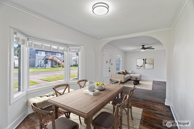166 SW Lewis St, Chehalis, WA 98532 - dining area featuring arched walkways, baseboards, dark wood finished floors, ornamental molding, and a ceiling fan