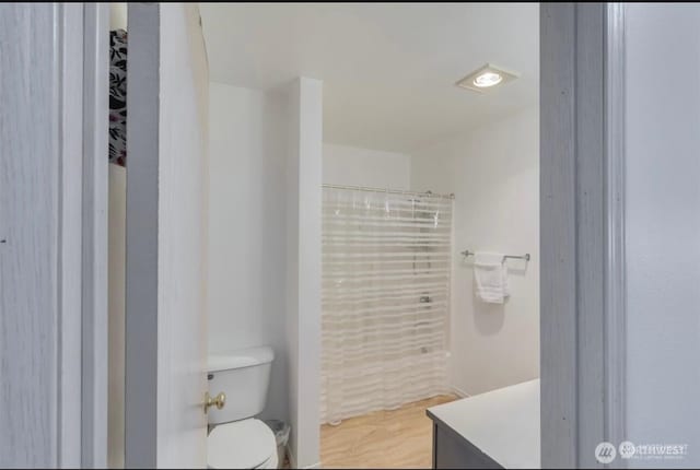 full bathroom featuring toilet, wood finished floors, curtained shower, and vanity