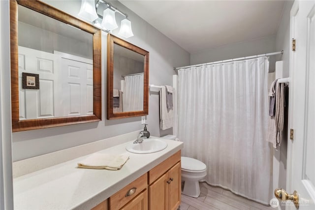 11011 Seaview Dr, Anderson Island, WA 98303 - bathroom featuring toilet, vanity, a shower with shower curtain, and wood finished floors