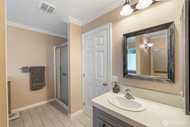 11011 Seaview Dr, Anderson Island, WA 98303 - full bathroom with crown molding, a shower stall, vanity, and baseboards