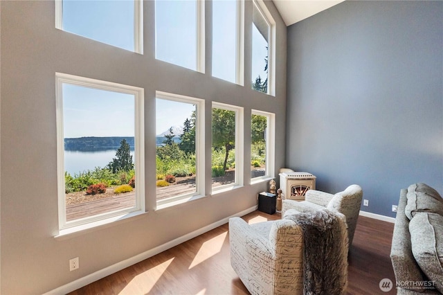 11011 Seaview Dr, Anderson Island, WA 98303 - sitting room with healthy amount of natural light, baseboards, wood finished floors, a water view, and a high ceiling