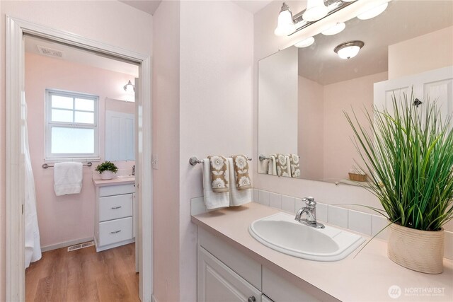 bathroom with vanity and wood finished floors