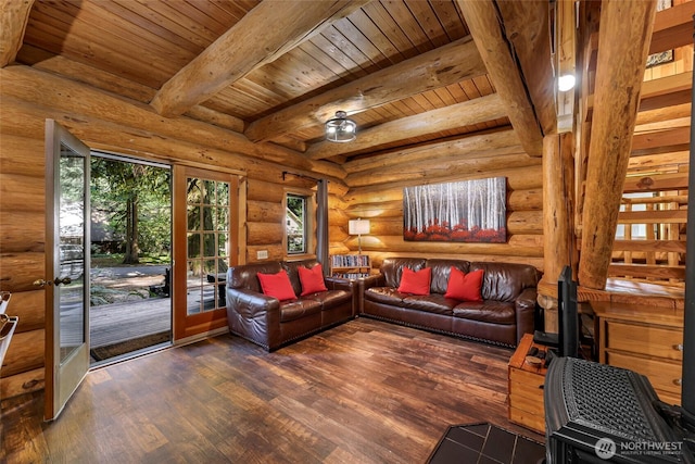 living room featuring wooden ceiling, dark wood-type flooring, beam ceiling, and rustic walls