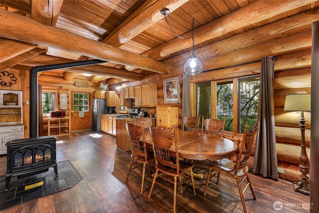 dining space featuring a wood stove, dark wood-style flooring, plenty of natural light, wood ceiling, and beamed ceiling