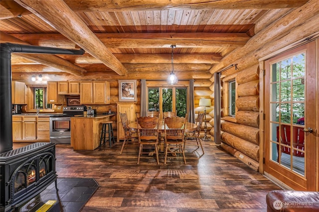 dining area featuring a wood stove, wood ceiling, dark wood-type flooring, log walls, and beam ceiling