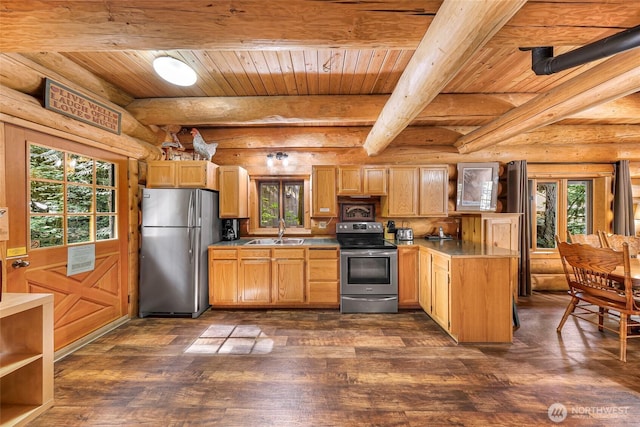 kitchen featuring stainless steel appliances, a sink, wood ceiling, dark wood-style floors, and beamed ceiling