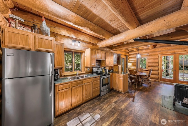 kitchen featuring appliances with stainless steel finishes, a sink, dark wood-style flooring, rustic walls, and plenty of natural light