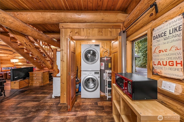 clothes washing area featuring stacked washer / drying machine, hardwood / wood-style flooring, wood ceiling, rustic walls, and an office area