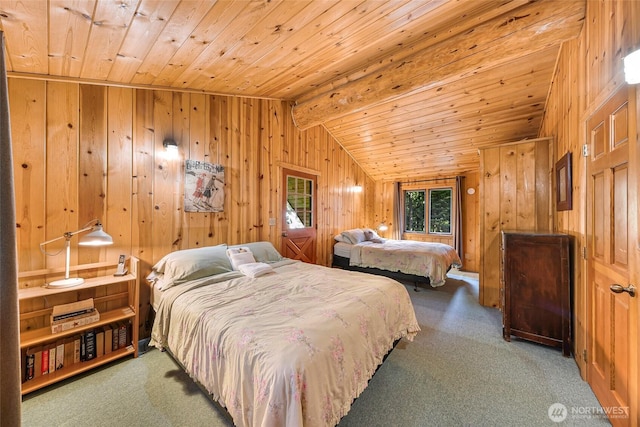 carpeted bedroom featuring wood ceiling and wooden walls