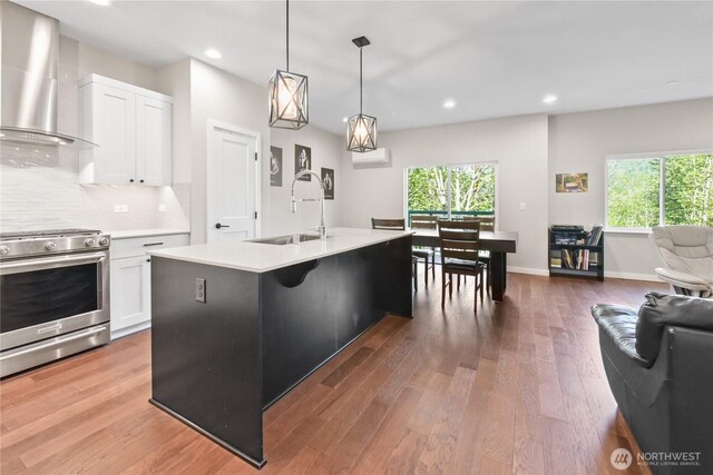1086 Collier Pl SW, Issaquah, WA 98027 - kitchen with stainless steel gas range, wall chimney range hood, a sink, white cabinetry, and light countertops