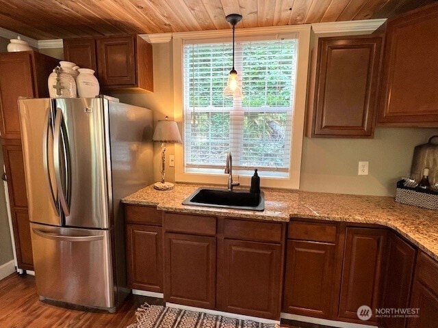 96 Kooskooskie Rd, Walla Walla, WA 99362 - kitchen featuring freestanding refrigerator, a sink, wooden ceiling, wood finished floors, and light stone counters