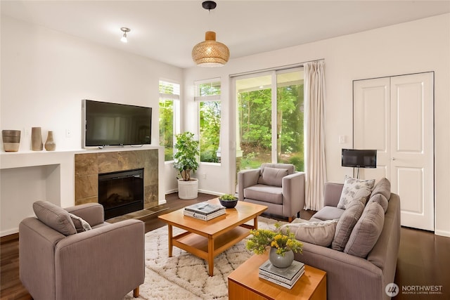 21450 40th Pl S Unit A, Seatac, WA 98198 - living area with wood finished floors, baseboards, and a tile fireplace