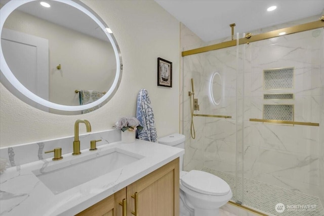 1246 SW 148th St, Burien, WA 98166 - full bath with toilet, a marble finish shower, vanity, and recessed lighting