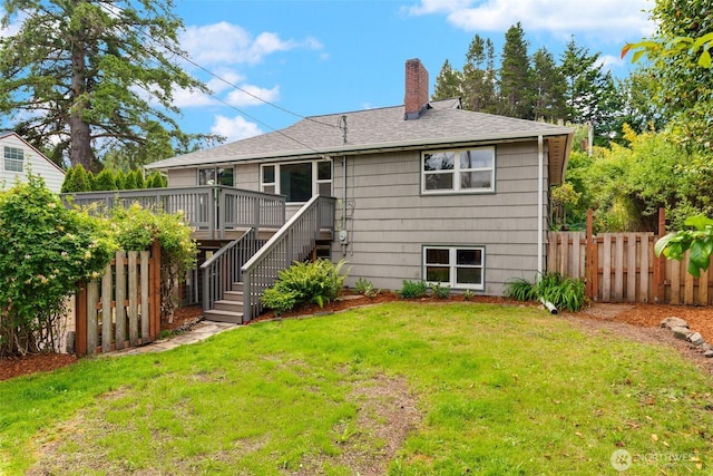 414 W Wyandotte Ave, Shelton, WA 98584 - back of house with a chimney, a deck, a shingled roof, and stairway