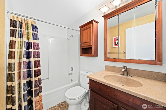 bathroom featuring vanity, toilet, and shower / bath combination with curtain