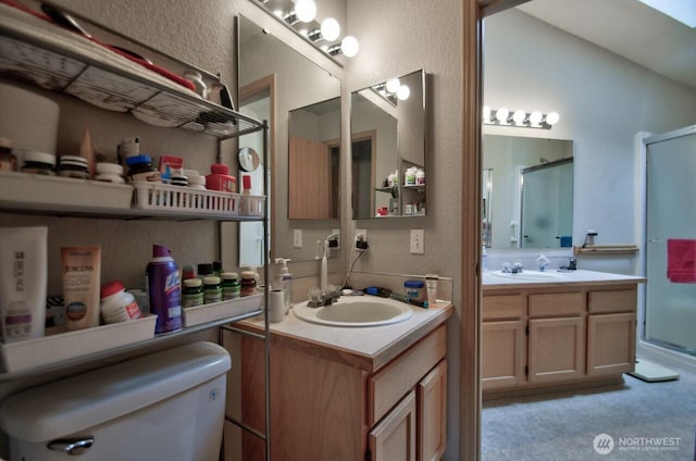 4509 Waterford Ln SE, Lacey, WA 98503 - full bath featuring a textured wall, a shower stall, two vanities, and toilet
