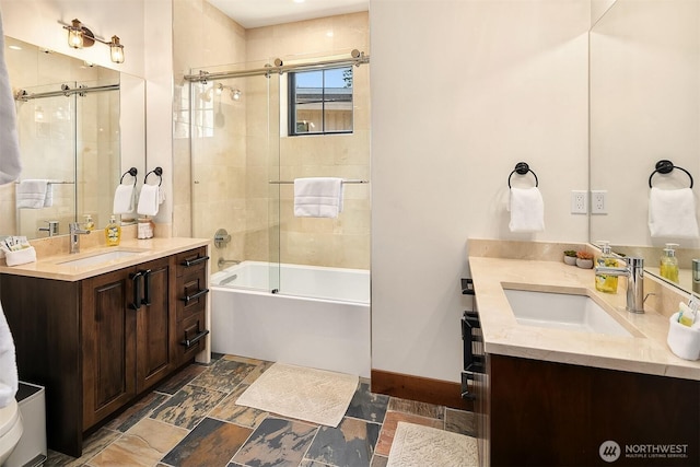 350 Kings Ct, Cle Elum, WA 98922 - bathroom with two vanities, tub / shower combination, and stone finish floors