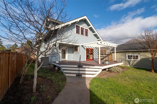 bungalow featuring a deck, a pergola, french doors, and central air condition unit