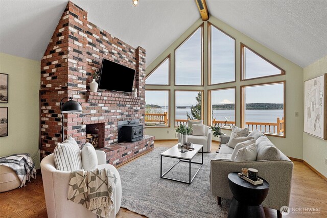 living area with a wood stove, high vaulted ceiling, wood finished floors, and baseboards