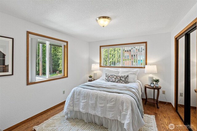 bedroom featuring multiple windows, a textured ceiling, wood finished floors, and baseboards