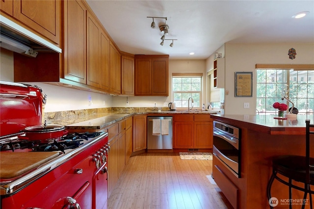 18 Blue Creek Rd, Walla Walla, WA 99362 - kitchen featuring stainless steel appliances, a sink, light wood-type flooring, a breakfast bar area, and recessed lighting