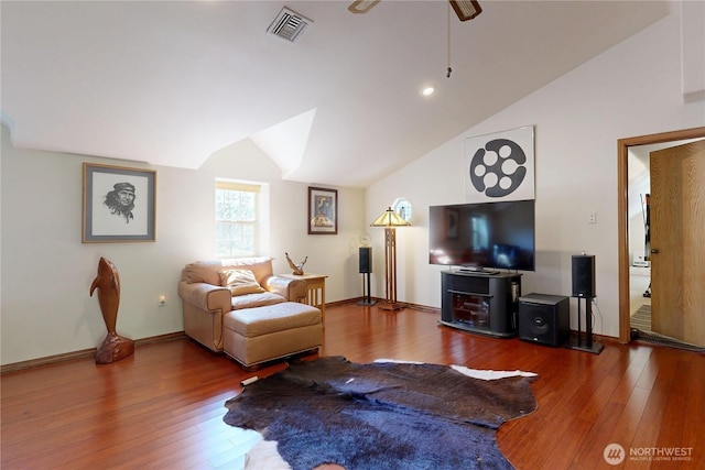 18 Blue Creek Rd, Walla Walla, WA 99362 - living area with lofted ceiling, wood finished floors, ceiling fan, and baseboards
