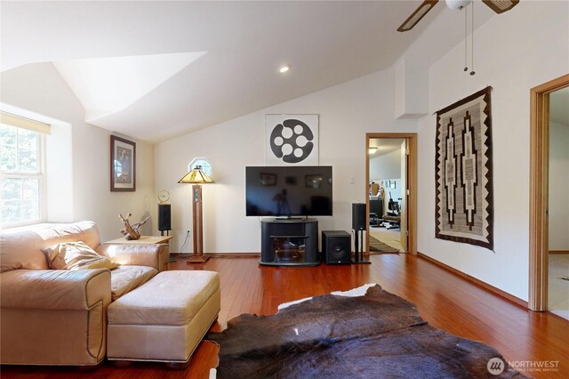 18 Blue Creek Rd, Walla Walla, WA 99362 - living room featuring vaulted ceiling, wood finished floors, ceiling fan, and baseboards