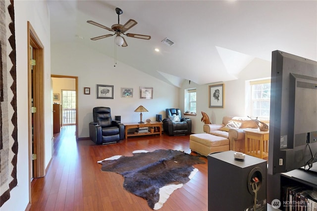 18 Blue Creek Rd, Walla Walla, WA 99362 - living room with healthy amount of natural light, a ceiling fan, wood finished floors, and high vaulted ceiling