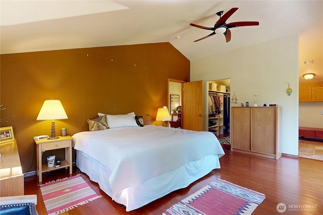 18 Blue Creek Rd, Walla Walla, WA 99362 - bedroom featuring a spacious closet, wood finished floors, a closet, high vaulted ceiling, and ceiling fan