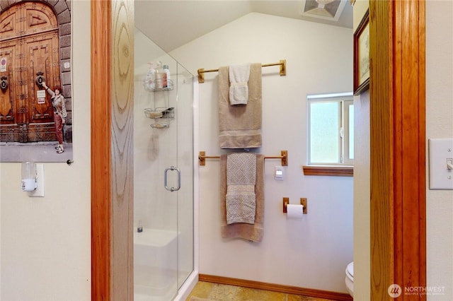 18 Blue Creek Rd, Walla Walla, WA 99362 - bathroom with a shower stall, toilet, and lofted ceiling