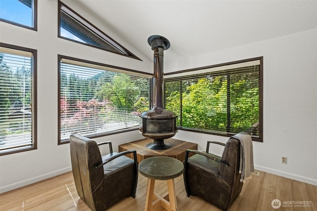 living area featuring a wood stove, plenty of natural light, and light wood-style flooring