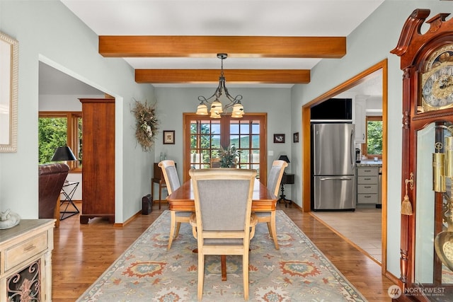 55771 Mossyrock Ave, Mossyrock, WA 98564 - dining room with a chandelier, beam ceiling, plenty of natural light, and wood finished floors