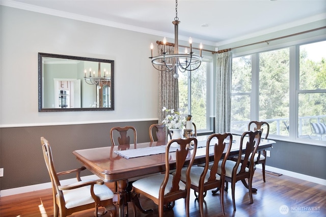746 Van Dyk Rd, Lynden, WA 98264 - dining space with a chandelier, wood finished floors, baseboards, and ornamental molding