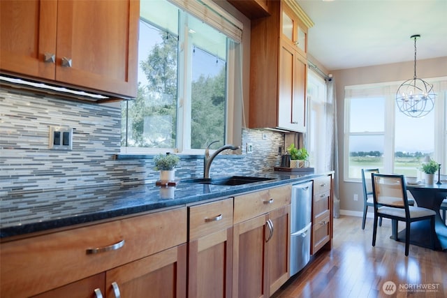 746 Van Dyk Rd, Lynden, WA 98264 - kitchen featuring a sink, dark stone countertops, dark wood-style flooring, a chandelier, and pendant lighting