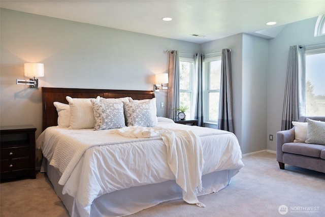 746 Van Dyk Rd, Lynden, WA 98264 - bedroom with light carpet, multiple windows, baseboards, and recessed lighting