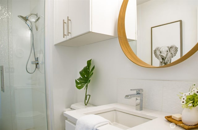 746 Van Dyk Rd, Lynden, WA 98264 - full bath featuring a stall shower, toilet, tasteful backsplash, and vanity
