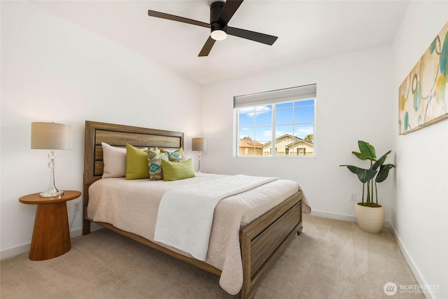 bedroom with carpet floors, baseboards, and ceiling fan