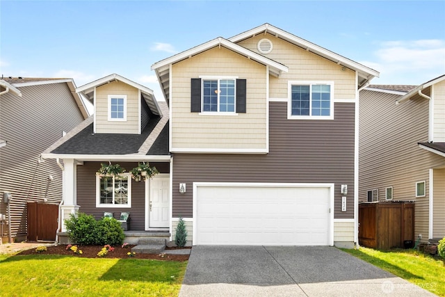 view of front facade featuring asphalt driveway, an attached garage, and roof with shingles