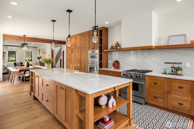 kitchen featuring open shelves, appliances with stainless steel finishes, tasteful backsplash, recessed lighting, and light wood-type flooring