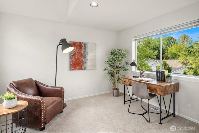 home office with light carpet, baseboards, and recessed lighting