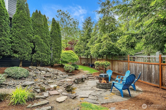 view of patio / terrace with an outdoor fire pit and a fenced backyard