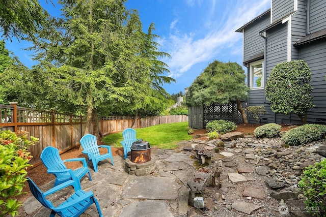 view of patio / terrace featuring an outdoor fire pit and a fenced backyard