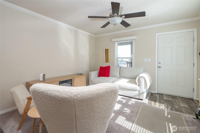 1200 Lincoln St Unit 121, Bellingham, WA 98229 - living room featuring ornamental molding, wood finished floors, a ceiling fan, and baseboards