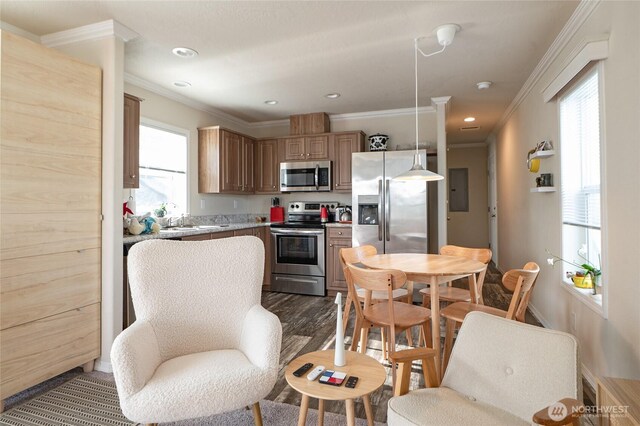 1200 Lincoln St Unit 121, Bellingham, WA 98229 - kitchen with stainless steel appliances, ornamental molding, electric panel, light countertops, and pendant lighting