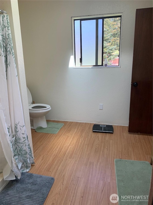 111 3rd St, Port Hadlock, WA 98339 - bathroom featuring wood finished floors, toilet, and a shower with curtain
