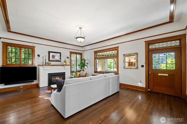 living room with plenty of natural light, baseboards, a brick fireplace, and ornamental molding